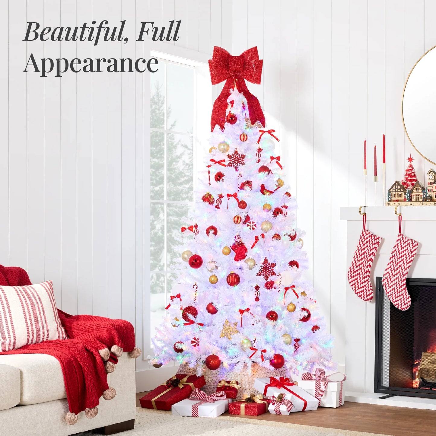 4.5Ft Pre-Lit Premium Hinged Artificial White Christmas Pine Tree W/ 200 Multicolor Lights, Stand