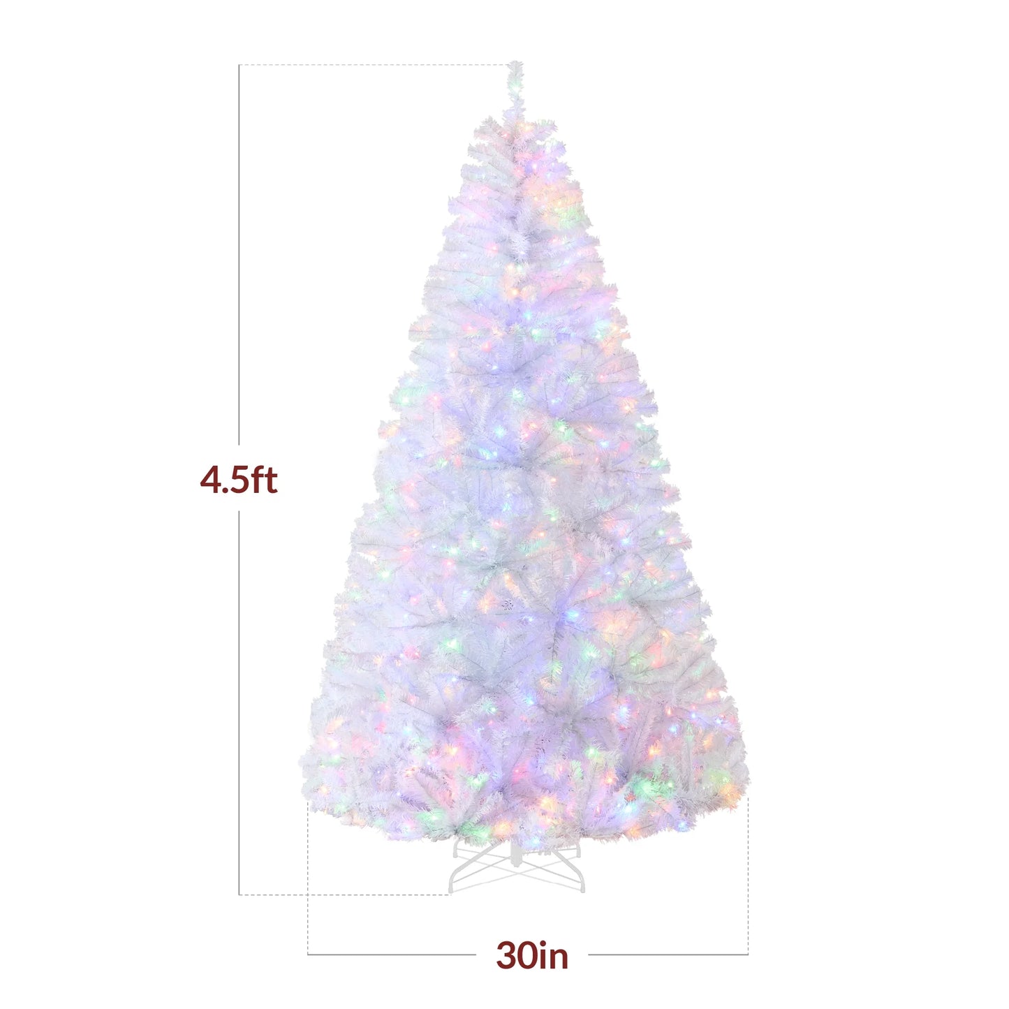 4.5Ft Pre-Lit Premium Hinged Artificial White Christmas Pine Tree W/ 200 Multicolor Lights, Stand