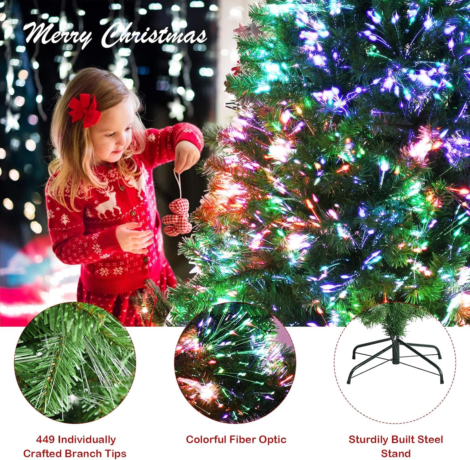5Ft Fiber Optic Artificial Christmas Tree, Pre-Lit Premium Spruce Tree with Solid Metal Stand, 449 Branch Tips, Xmas Full Tree for Indoor Holiday Decoration
