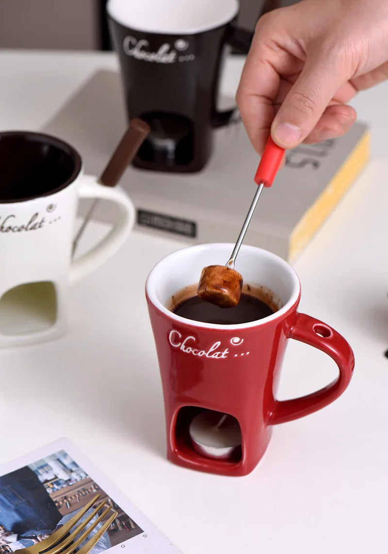 Chocolate Melting Cup Ceramic Fondue Cups with Fork Coffee Mug Chocolate Cooking Pots for Dessert Cheese Butter Melter Cup Gifts