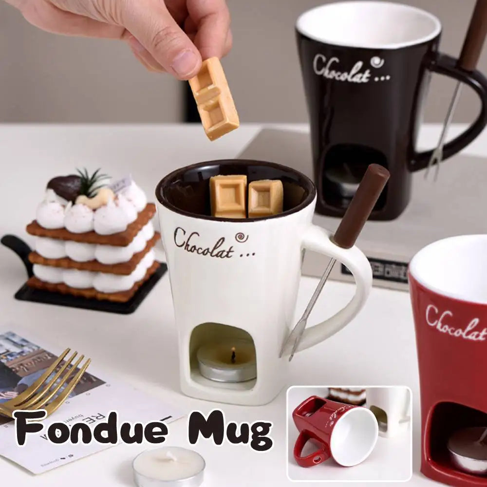 Chocolate Melting Cup Ceramic Fondue Cups with Fork Coffee Mug Chocolate Cooking Pots for Dessert Cheese Butter Melter Cup Gifts
