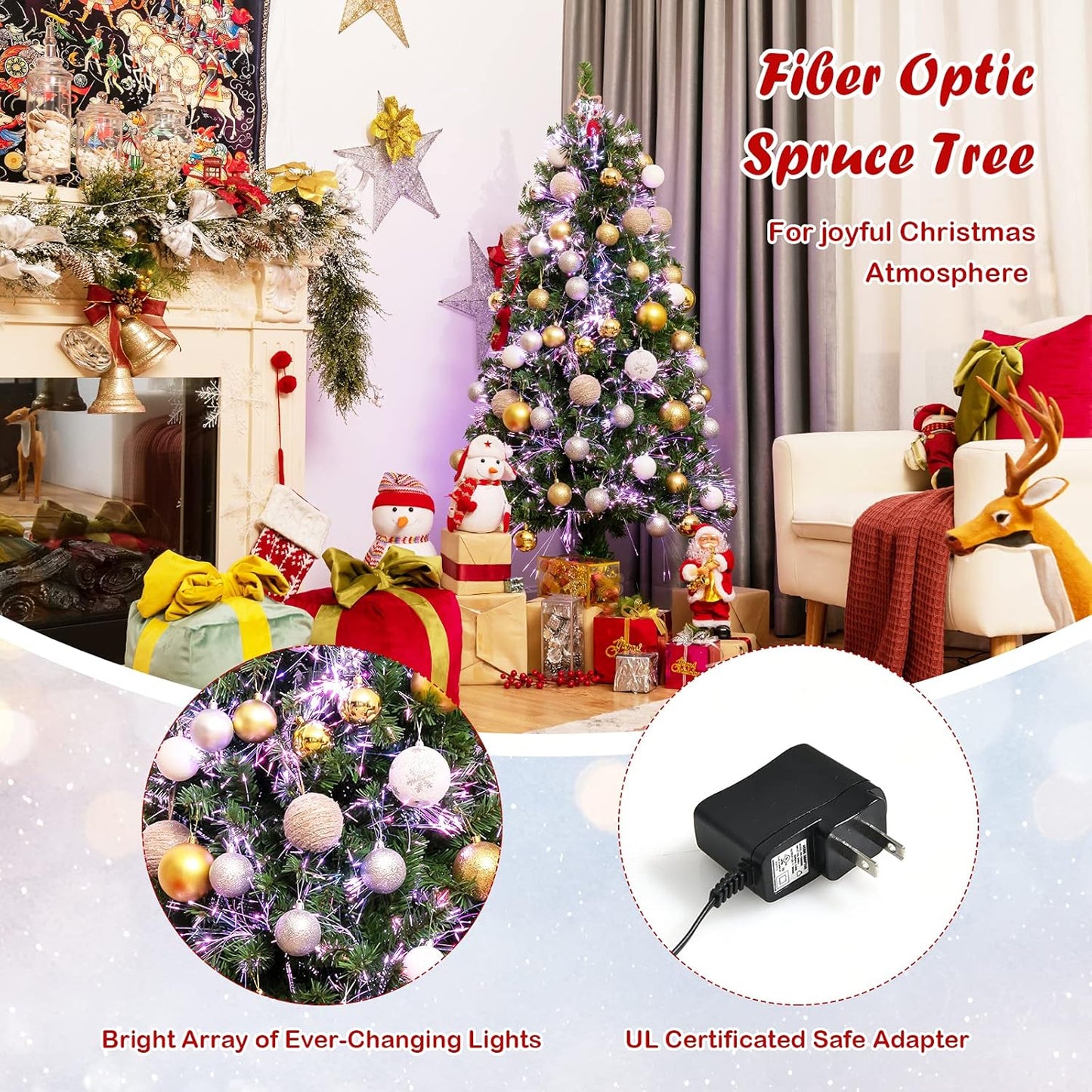 5Ft Fiber Optic Artificial Christmas Tree, Pre-Lit Premium Spruce Tree with Solid Metal Stand, 449 Branch Tips, Xmas Full Tree for Indoor Holiday Decoration